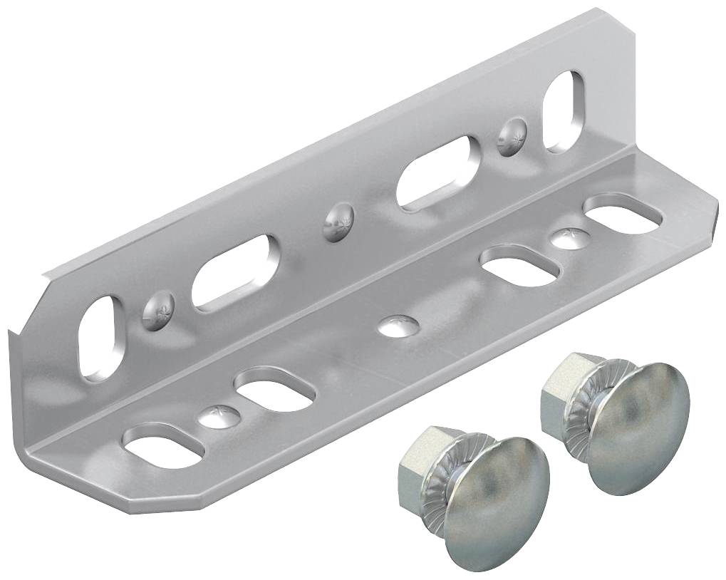 Metallwinkel mit abgerundeten Ecken und mehreren Löchern, begleitet von zwei Schrauben mit breitem Kopf. Dient zur Wandmontage.