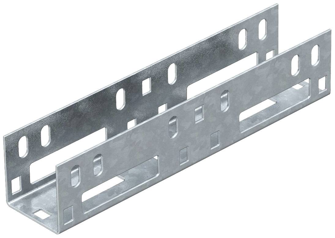 Metallschiene mit verschiedenen länglichen und ovalen Löchern, verwendet zur Befestigung in Baukonstruktionen.