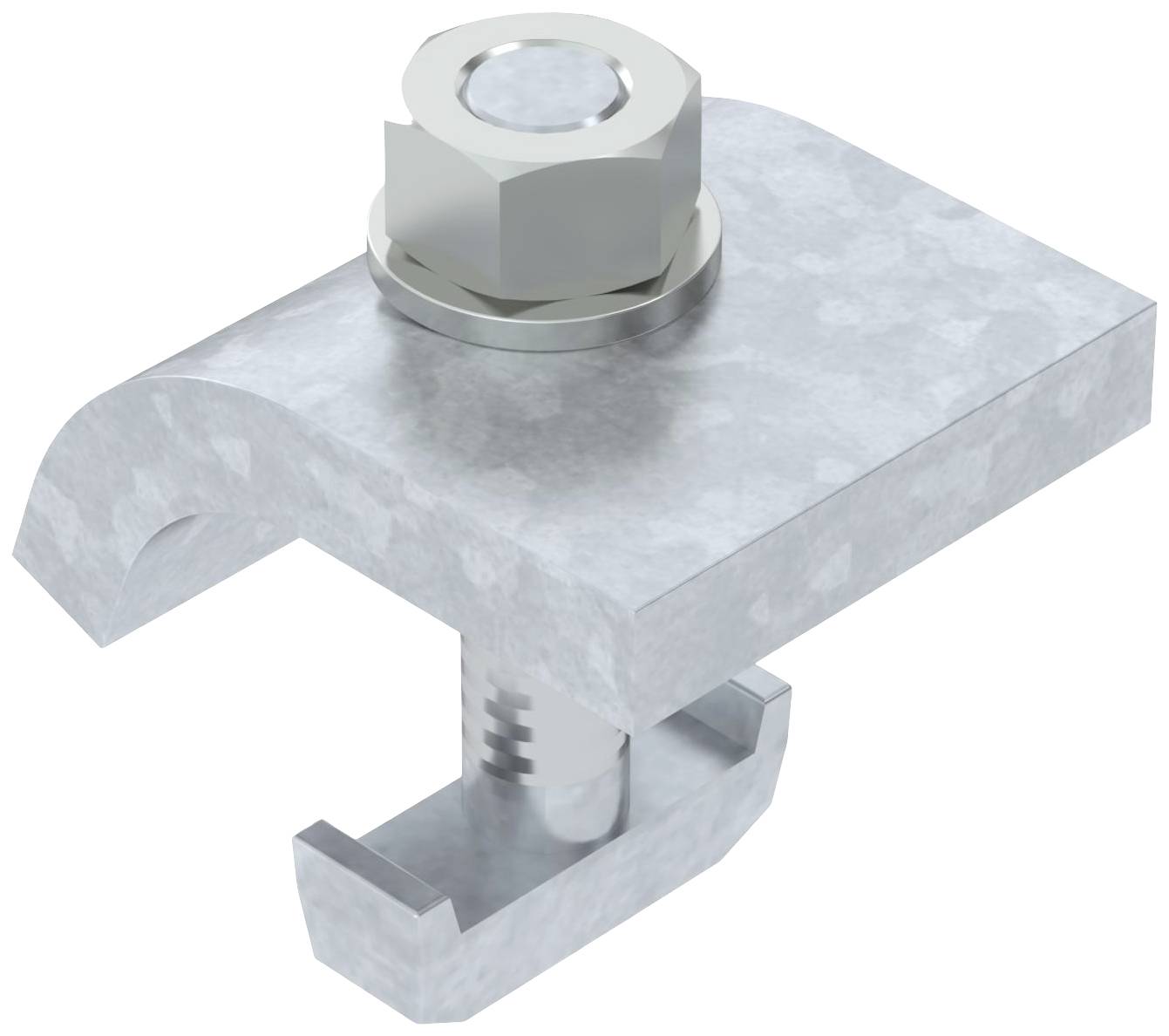 Metallischer C-Klemmenverbinder mit Bolzen und Mutter, geeignet zur festen Verbindung von zwei Platten oder Profilen.