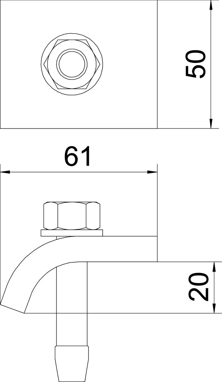 Technische Zeichnung eines Winkels mit Schraube, Maße angegeben: Breite 61 mm, Höhe 50 mm, Schraubenhöhe 20 mm.