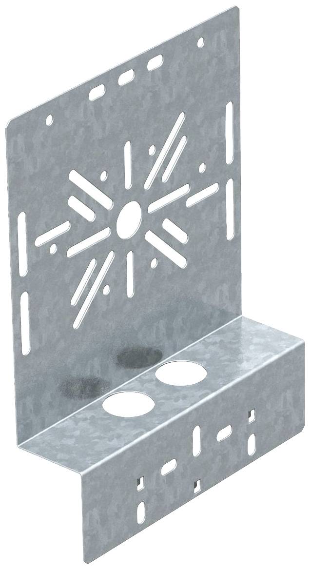 Metallwinkel mit mehreren Bohrungen und einem sternförmigen Muster. Wird in Bauanwendungen zur Verstärkung und Verbindung von Materialien genutzt.