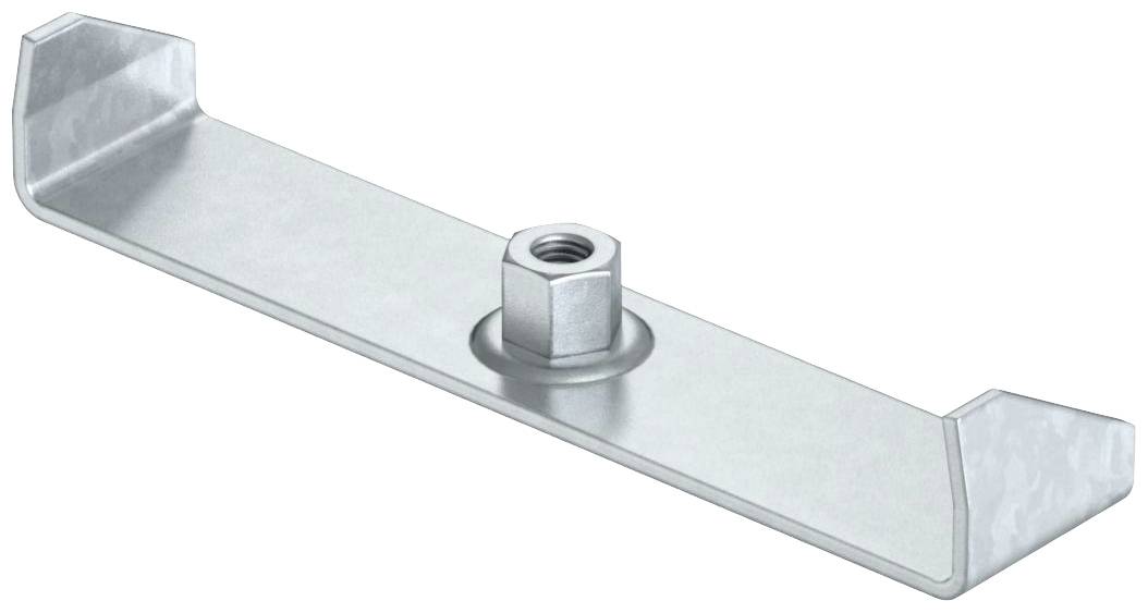 Metallklammer mit zentral platziertem Sechskantmutter, seitlichen Abkantungen. Dient zur Befestigung oder Verbindung von Bauteilen.