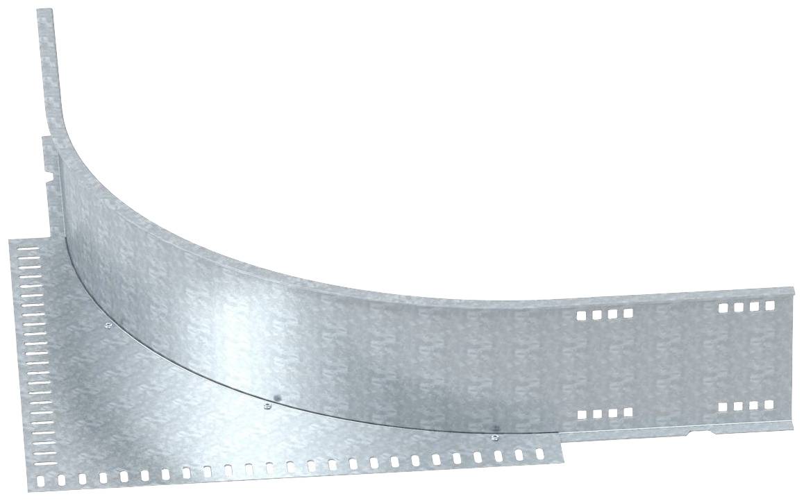 Gebogenes Metallstück, wahrscheinlich ein Teil eines Kabeltragsystems, mit rechteckigen Löchern entlang der Kanten für Befestigungen.