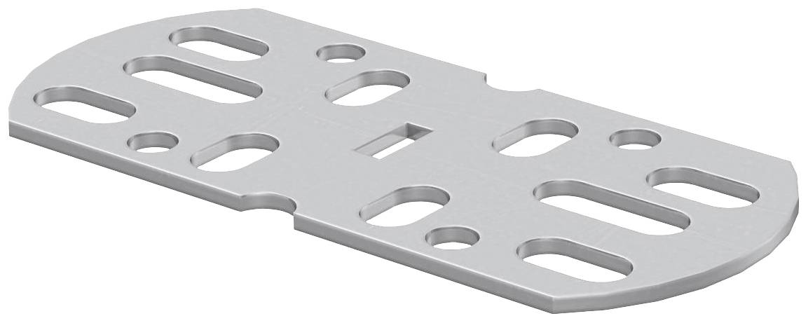 Metallplatte mit ovalen und runden Aussparungen, vermutlich zur Befestigung in einem Konstruktionssystem.
