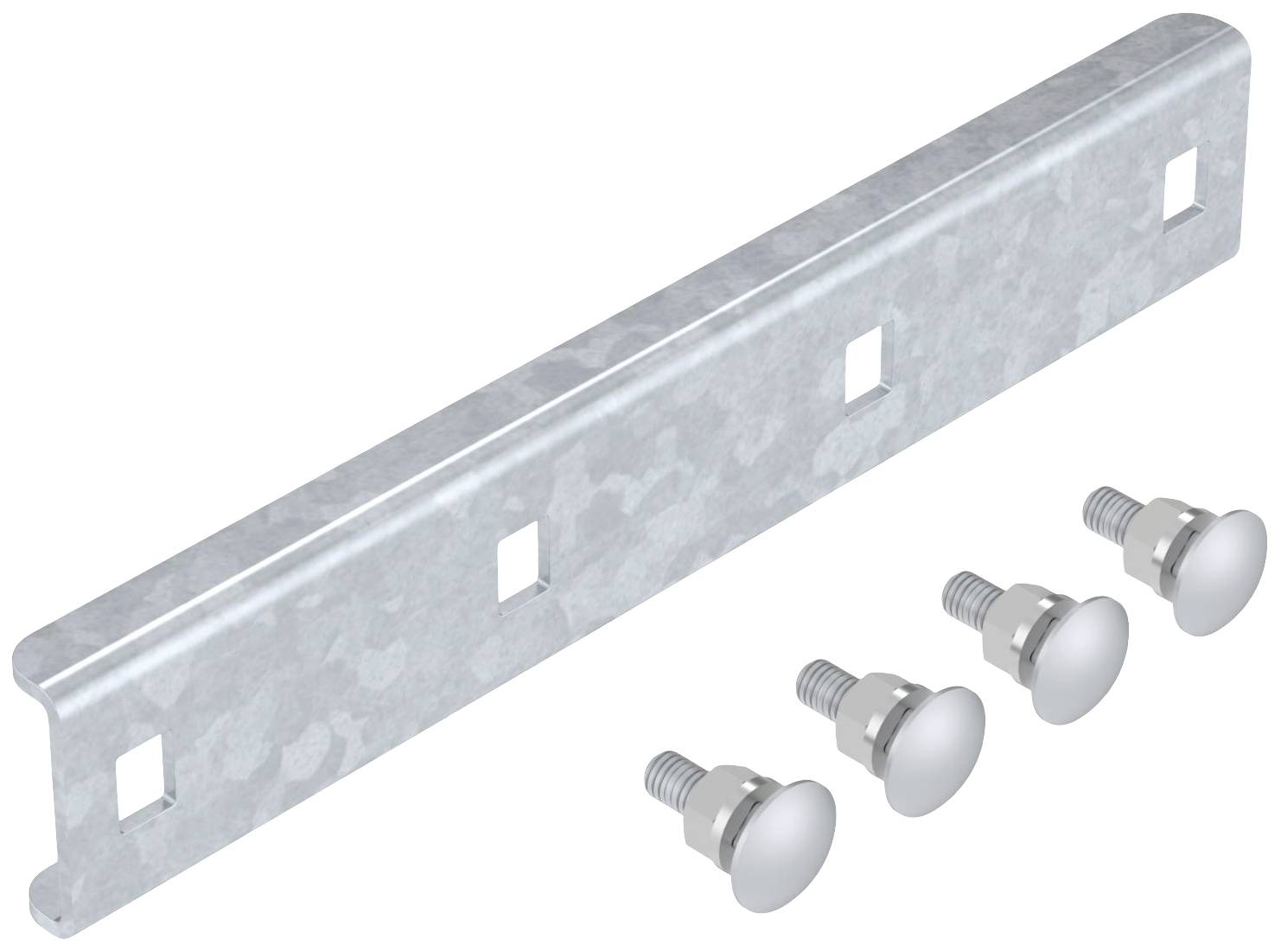 Metallmontageschiene mit vier Schrauben, rechteckige Form, quadratische Löcher für die Installation, silberne Farbe.