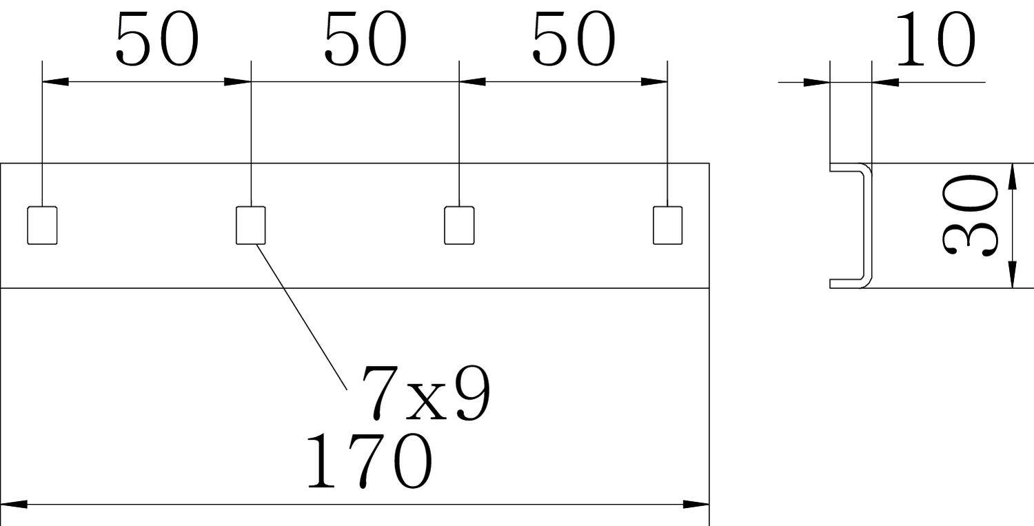 Technische Zeichnung eines rechteckigen Objekts mit vier gleichmäßig verteilten quadratischen Ausschnitten. Maße: 50x170 mm.