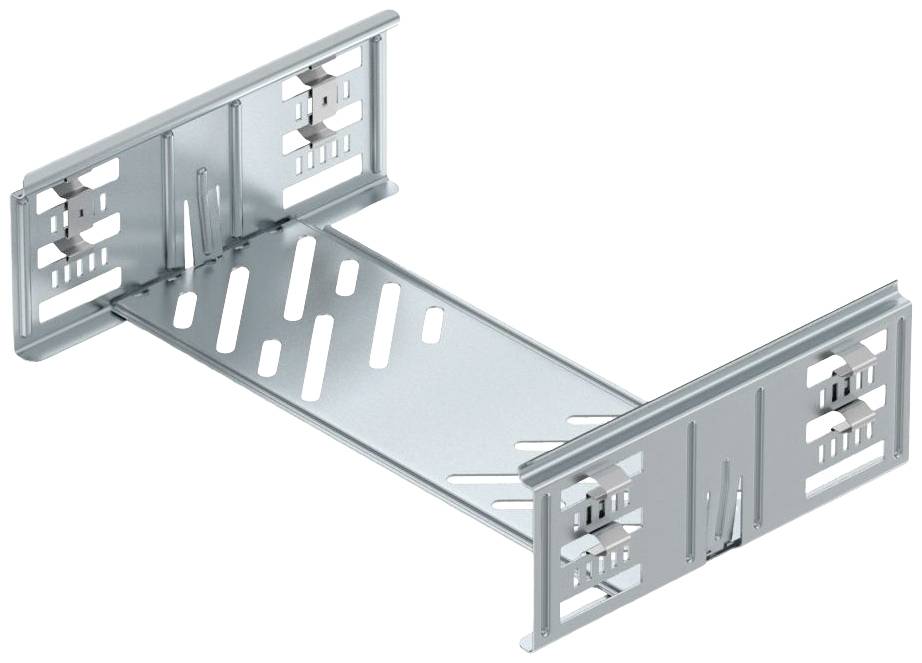 Ein rechteckiger, silberner Metallträger mit Schlitzen und Löchern, geeignet zur Befestigung in einer strukturellen Umgebung.