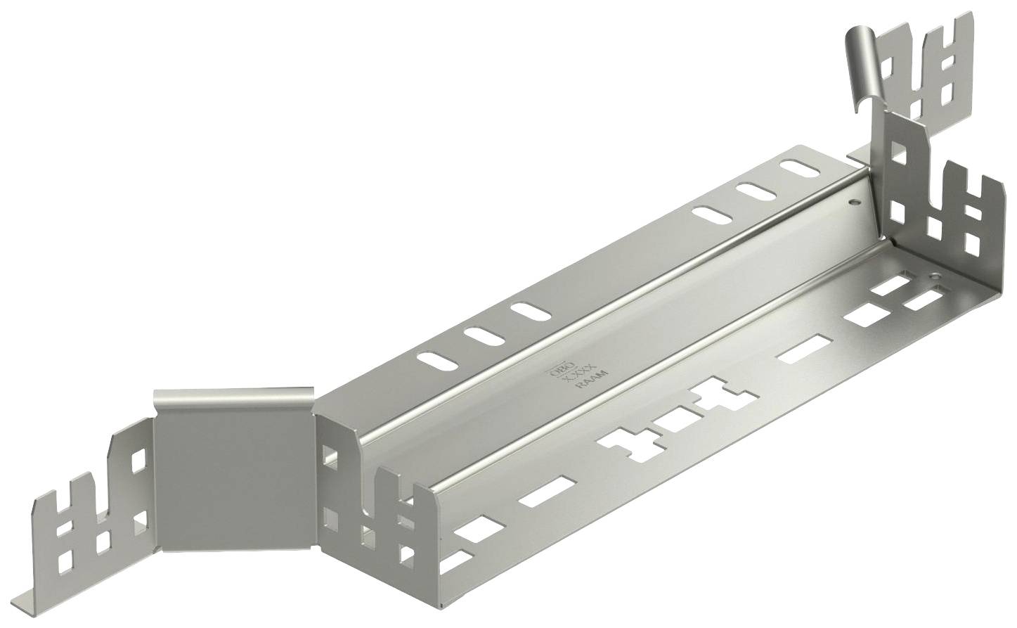 Metallhalterung für Kabelmanagement mit Löchern zur Befestigung an Wand oder Decke; seitliche Haken für Stabilität.