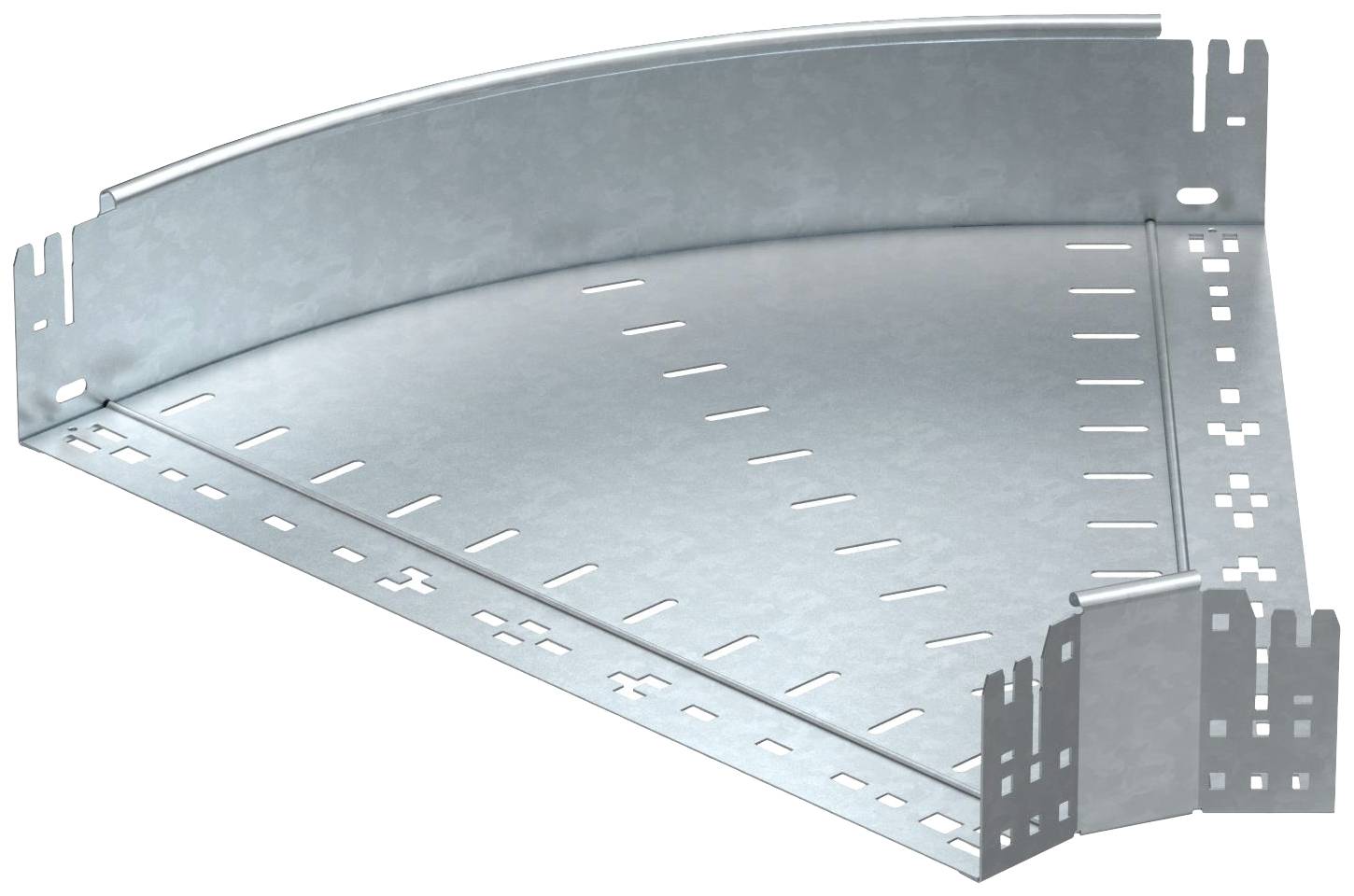 Metallwinkelstück für Kabeltrassen mit Schlitzlöchern zur Befestigung, geeignet für rechte Winkel; industrielle Anwendung.