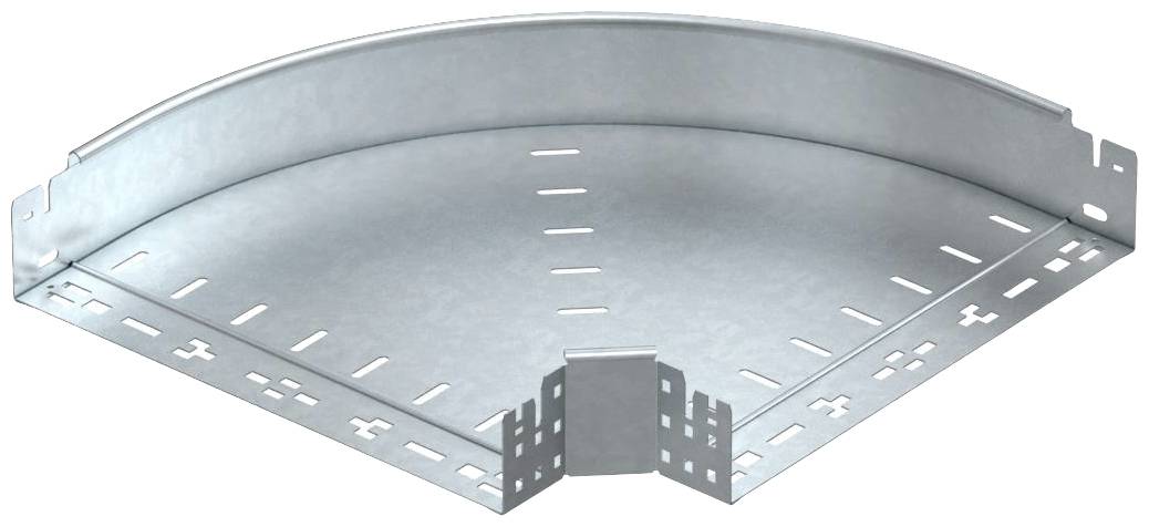 Ein graues Metallbauteil in L-Form, mit Schlitzen und Löchern, verwendet zur Befestigung oder Verbindung von Strukturen.