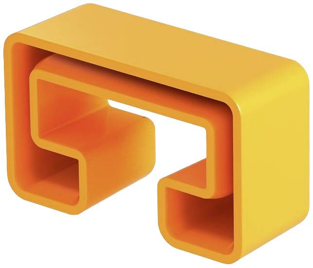 Ein oranger, geschwungener Hocker bzw. Tisch mit modernem Design; rechteckige Form mit abgerundeten Ecken und offenem Innenbereich.