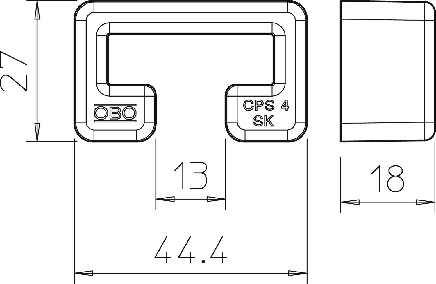 Technische Zeichnung eines Metallclips mit Maßen: Höhe 27 mm, Breite 44,4 mm, Innenbreite 13 mm, Tiefe 18 mm, Aufschrift 'CPS 4 SK'.