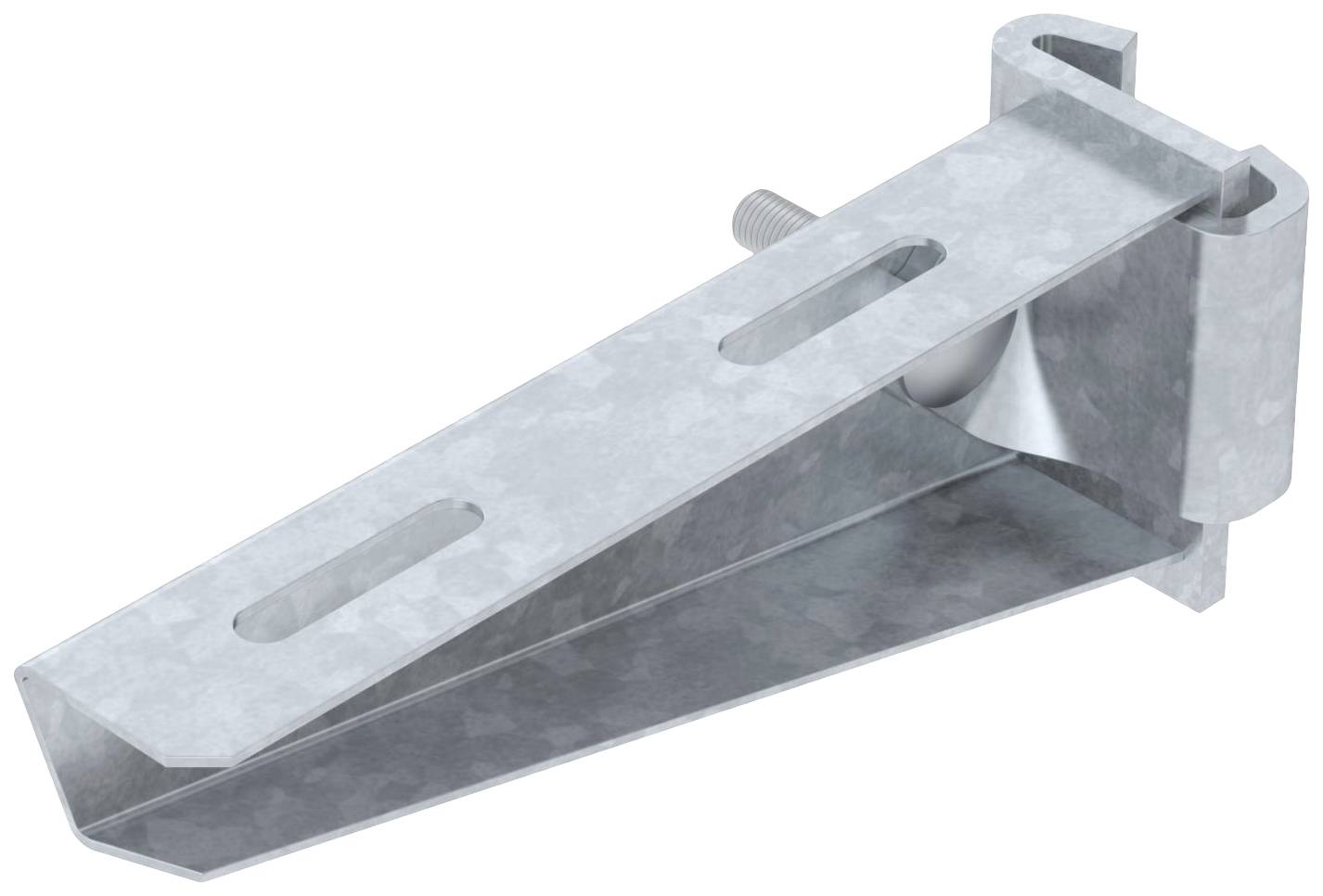 Metallhalterung mit schrägem, perforiertem Hebel, ideal zur Unterstützung schwerer Traglasten. Enthält Schraube für Befestigung.