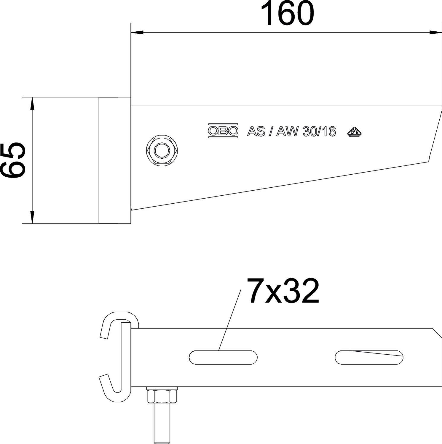 Technische Zeichnung eines Wandhakens mit Maßen: 160 mm Länge, 65 mm Höhe. Bezeichnung: 'AS / AW 30/16', Lochgröße 7x32 mm.