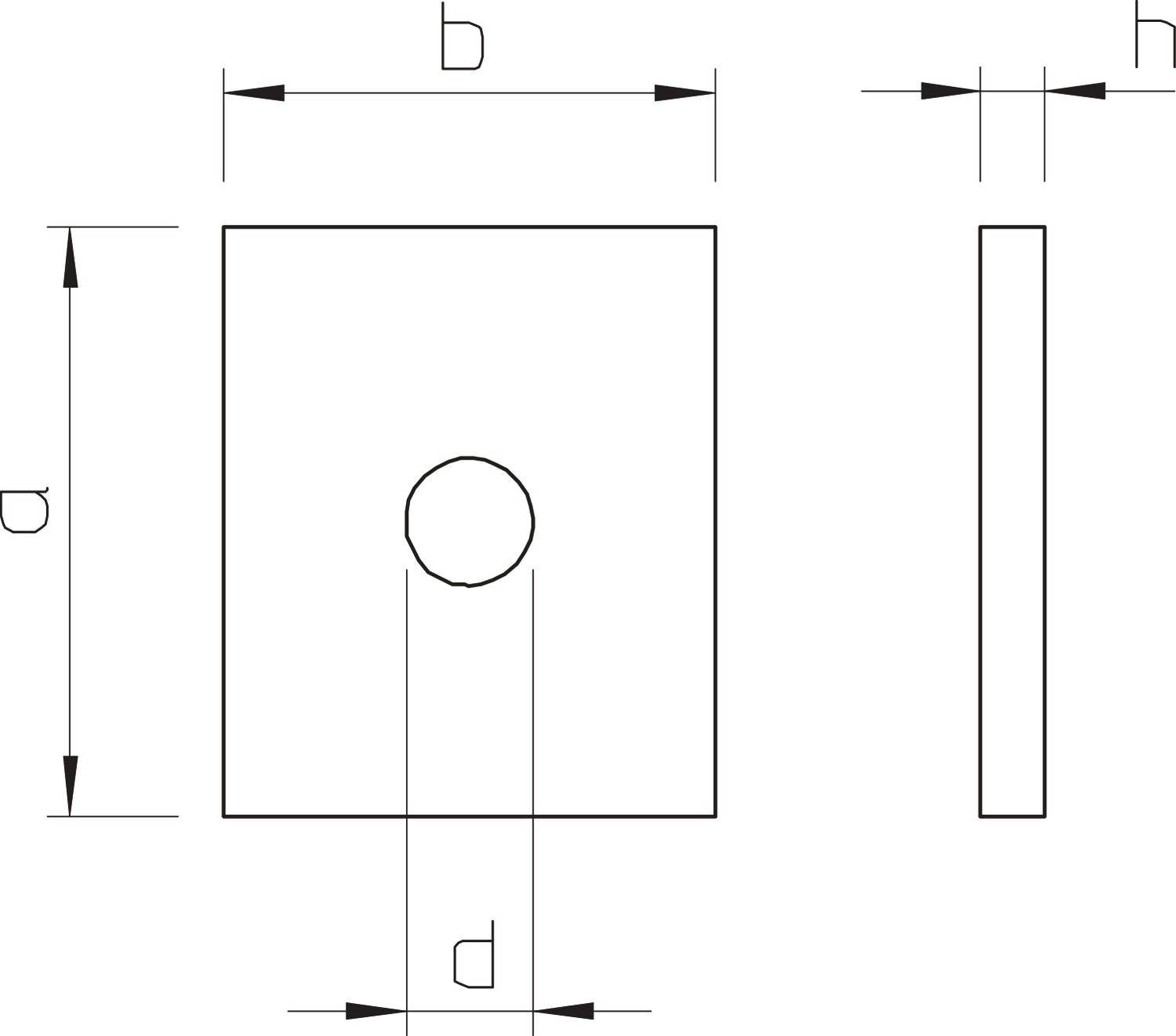 Quadratische Platte mit zentralem Loch. Maße: a (Höhe), b (Breite), d (Lochdurchmesser), h (Dicke). Sicht von vorne und Seite.