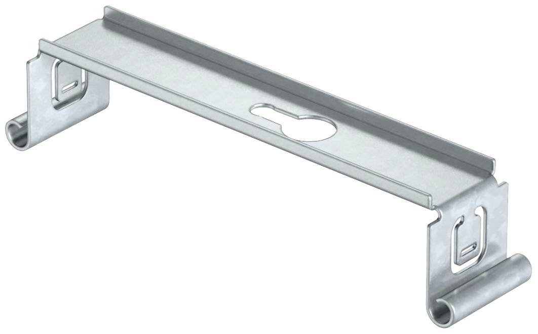 Metallhalterung mit rechteckigem Grundkörper und seitlichen Halterungen. In der Mitte befindet sich ein ovales Loch zur Befestigung.