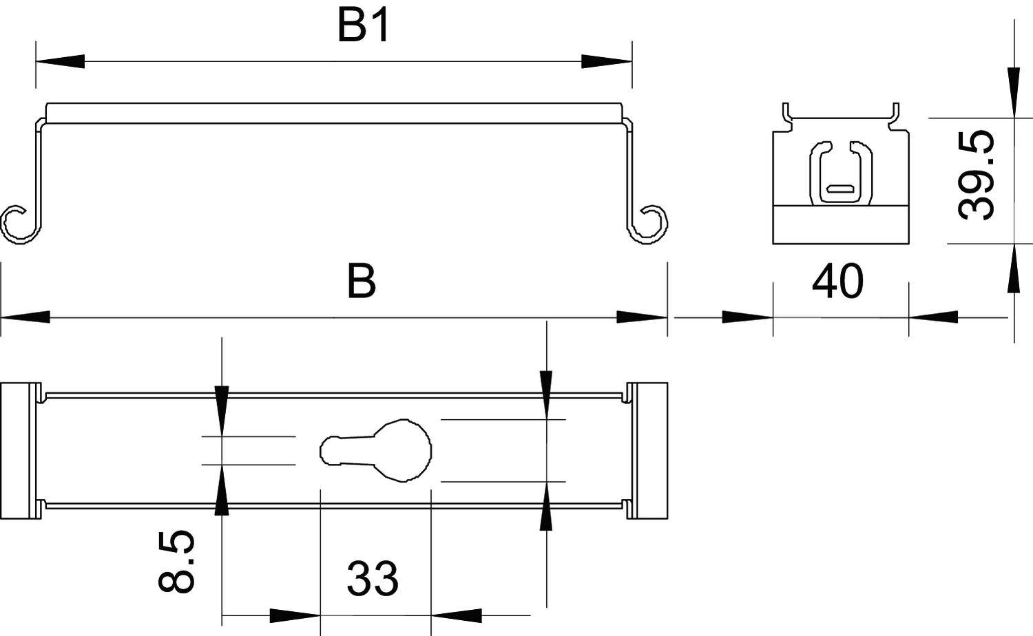 Technische Zeichnung einer Lampe mit Maßen: Breite B1 und B, Höhe 39,5, Tiefe 8,5. Seitenansicht und Frontalansicht gezeigt.