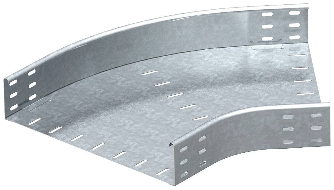 Metallisches Kabelrinnenbogenstück, verzinkt, mit Lüftungsschlitzen. Verwendet für Kabelmanagement in elektrischen Installationen.