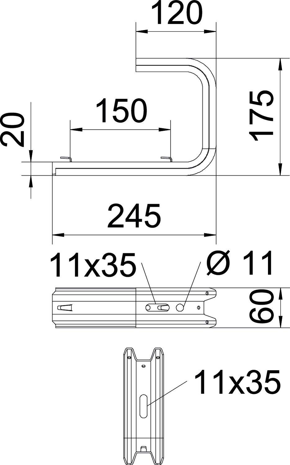 Technische Zeichnung einer Metallhalterung mit U-Form: Maße 120x175 mm, Breite 150 mm, Gesamtlänge 245 mm. Bohrlöcher: 11 mm, Langlöcher: 11x35 mm.