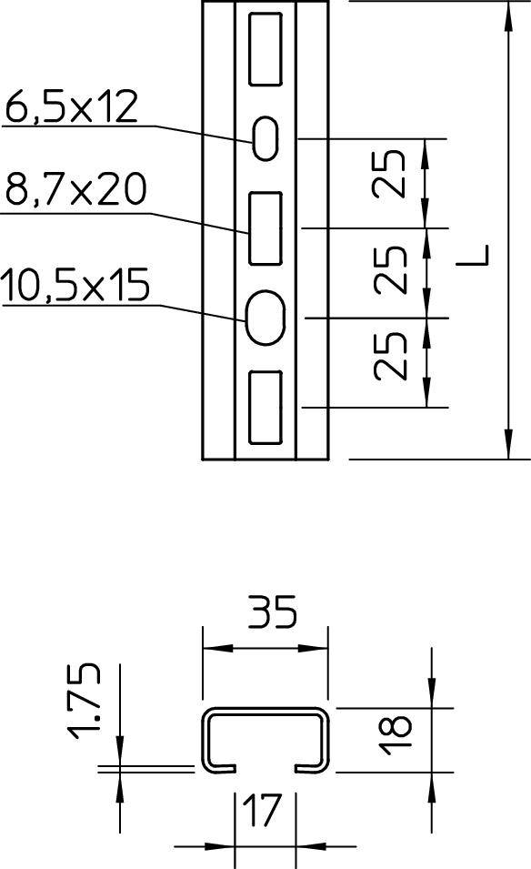 Technische Zeichnung eines Metallprofils mit Längen- und Breitenangaben: 35 mm breit, 17 mm innere Breite, 18 mm Höhe, mit Lochgrößen 6,5x12, 8,7x20, 10,5x15 mm.