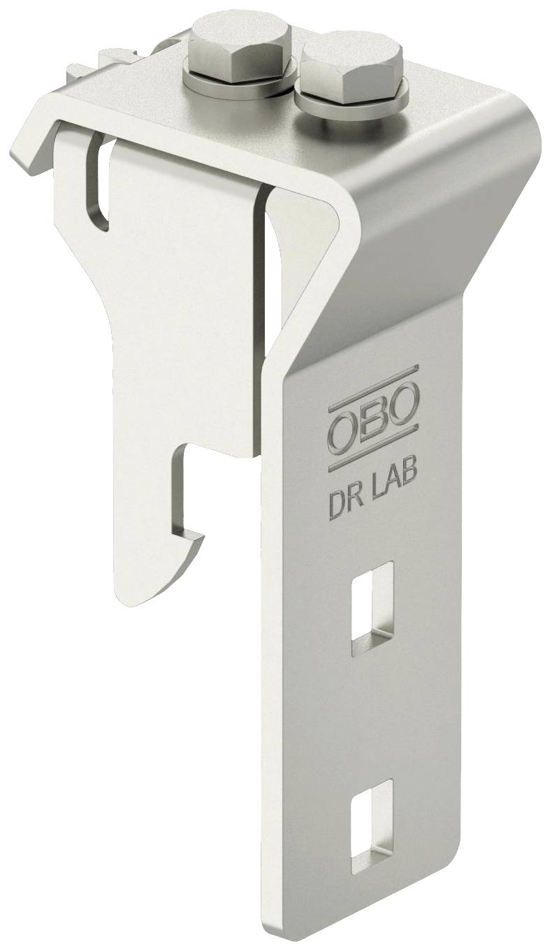 Metallklammer mit zwei Schrauben, rechteckiger Form und 'OBO DR LAB'-Gravur. Verwendet für die Befestigung in technischen Anwendungen.