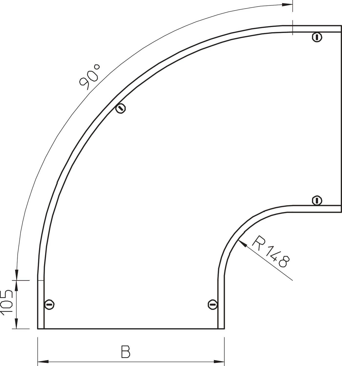 Technische Zeichnung eines 90-Grad-Winkels mit Radius R148, Breite B, Höhe 105, Schraubenlöchern und Beschriftungen.