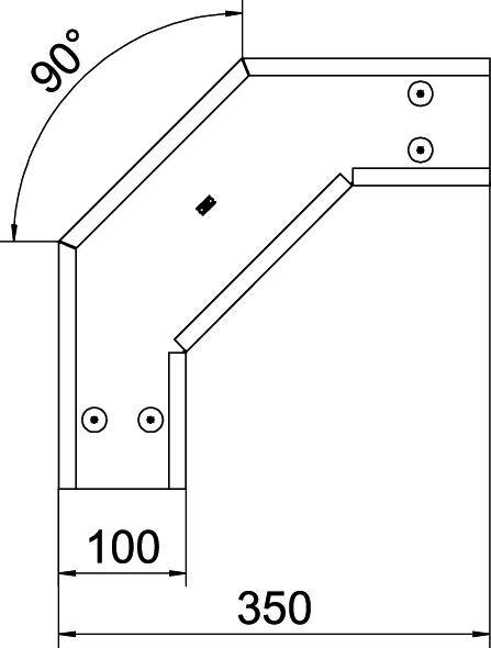 Technische Zeichnung eines rechtwinkligen Metallprofils mit einer 90-Grad-Kurve. Maße: 100 mm und 350 mm. Schraubenlöcher sind markiert.