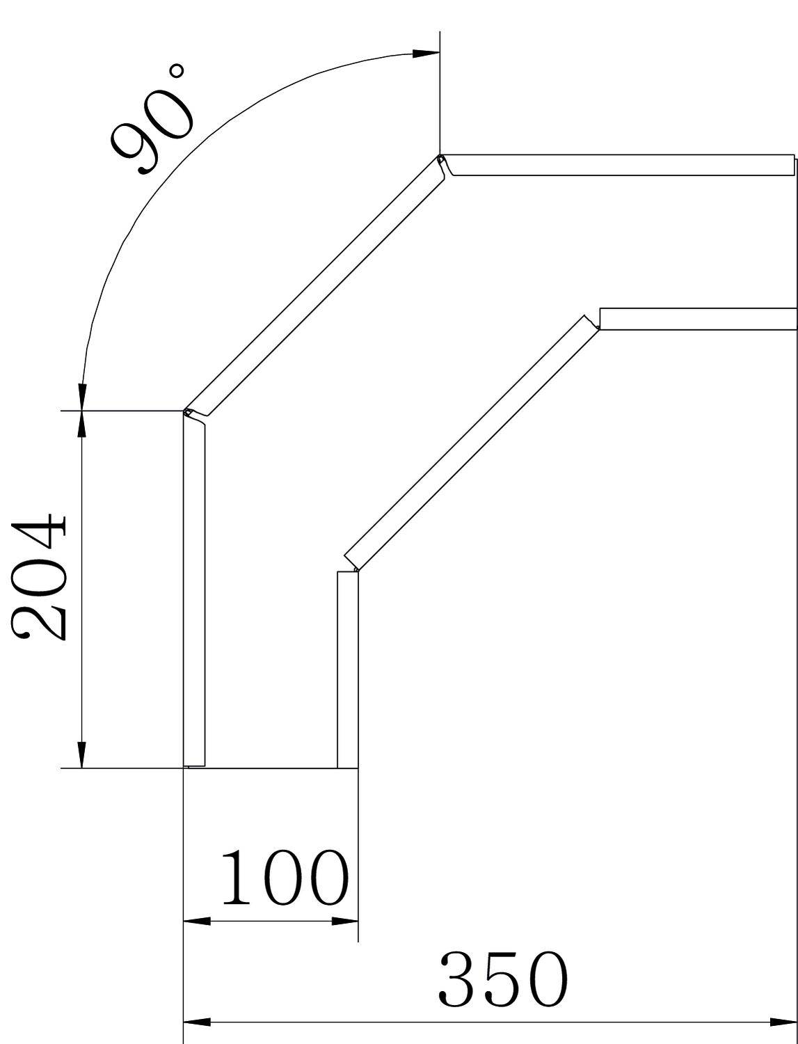 Technische Zeichnung: L-förmige Struktur mit einem rechten Winkel von 90 Grad. Horizontale Länge 350, vertikale Länge 204, und eine diagonale Linie von 100 Millimetern.