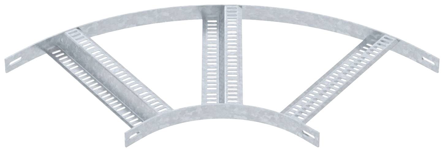 Kabelrinne aus Metall gebogen in 45-Grad-Winkel mit drei Querverbindungen. Verwendung zur sicheren Führung von Kabeln in Installation.