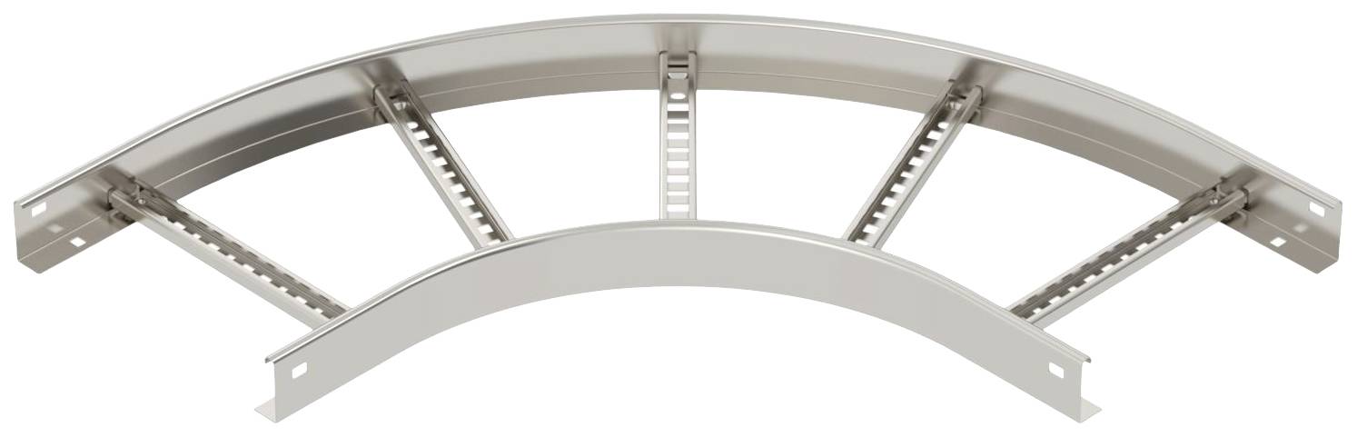 Metallisches Kabelrinnen-System in gebogener Form, das eine gerillte Struktur und mehrere Querstreben aufweist.