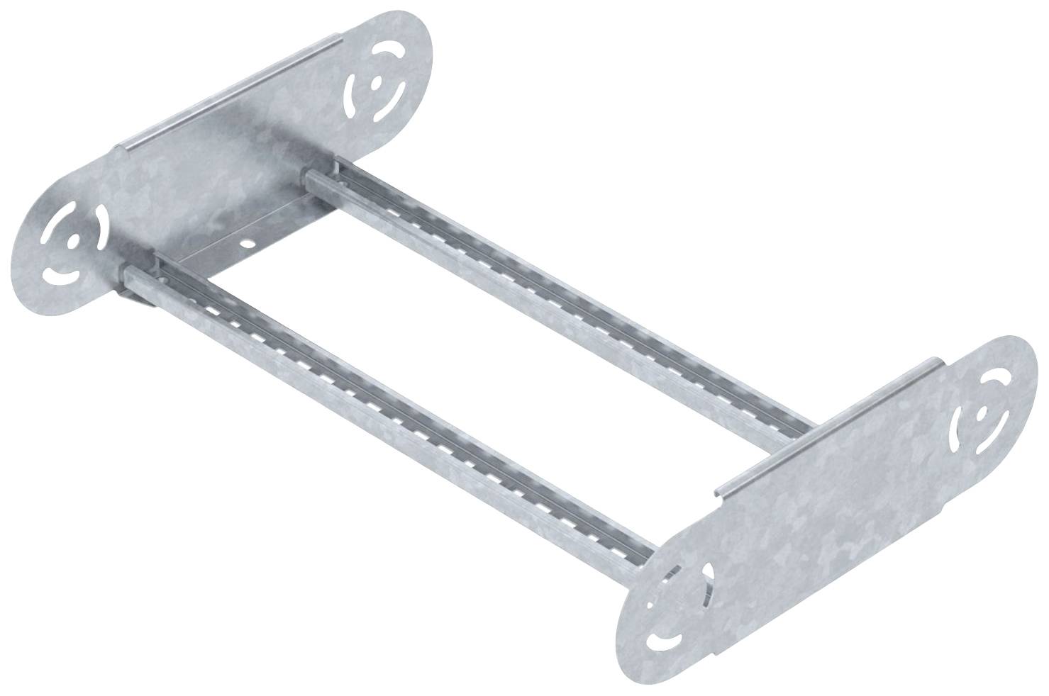 Metallverbinder mit zwei parallelen Schienen und gelochten Endplatten, vermutlich zur Verbindung oder Montage von Bauteilen.