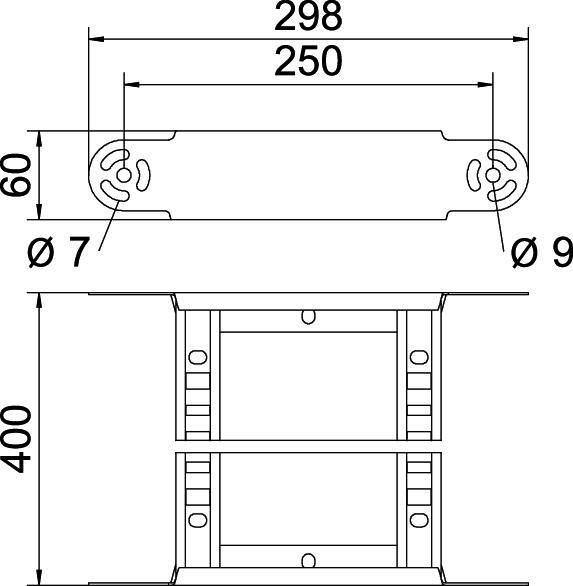 Technische Zeichnung: Oben eine rechteckige Plattenansicht mit Maßen 298x60 mm; unten eine Seitenansicht eines zylindrischen Körpers mit Höhe von 400 mm.