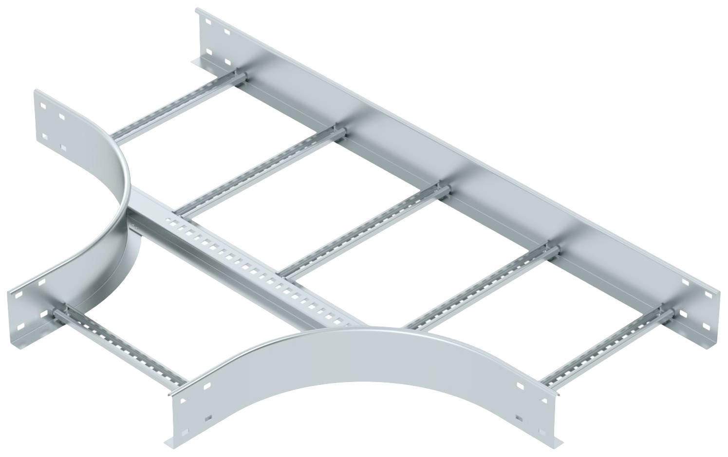 Metallisches Kabeltragsystem mit gebogenem, horizontalem Verlauf zur Unterstützung von Kabeln.