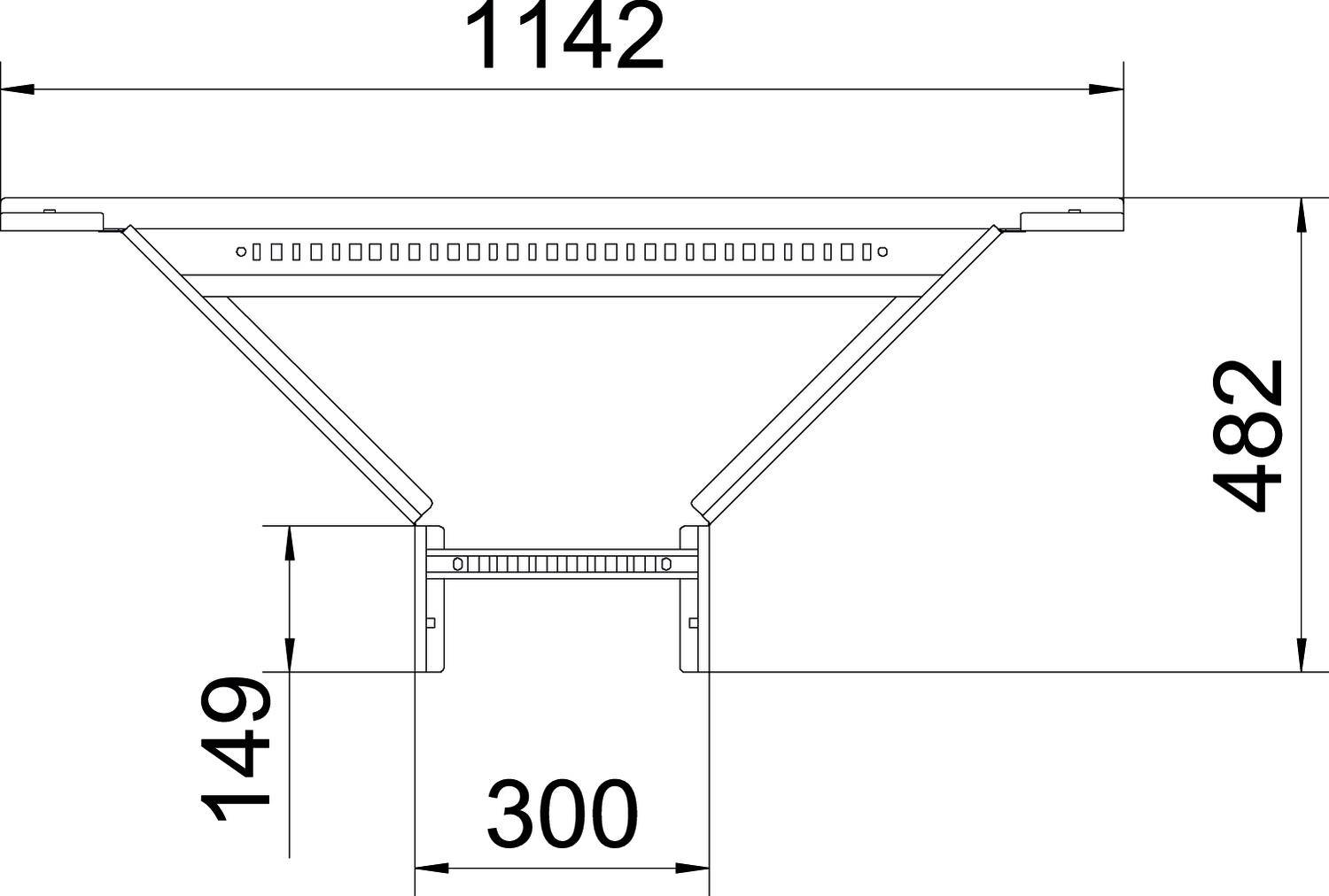 Technische Zeichnung einer trapezförmigen Struktur mit Maßen. Oben: '1142', seitlich: '482'. Untere Breite: '300', Höhe: '149'.