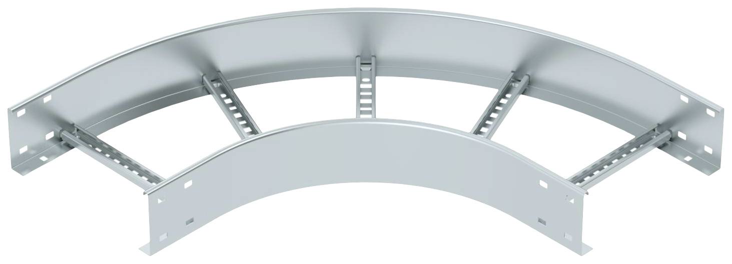 Metallischer Kabelkanal-Bogen aus silberfarbenem Material, bestehend aus gebogenem Teil mit Verstärkungsstreben, für Kabelmanagement.