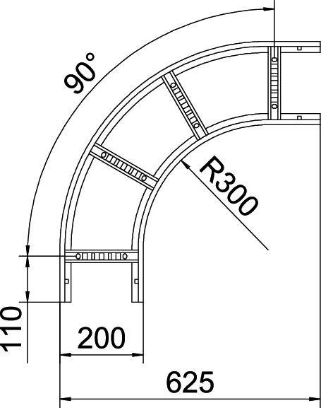 Architekturzeichnung eines 90°-Kurvenabschnitts mit Radius R300. Maße: vertikal 110, horizontal 200, Gesamtbreite 625.