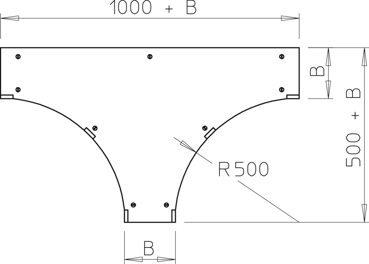Technische Zeichnung eines T-Fittings mit Maßen: Breite oben '1000 + B', Höhe '500 + B', Radius 'R500'.