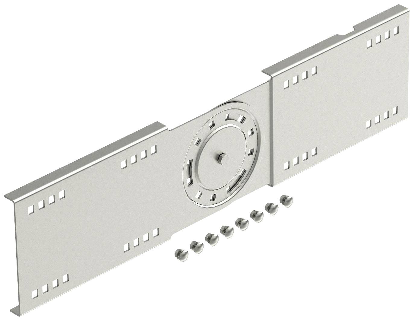 Metallteil mit kreisförmigem Mechanismus in der Mitte, umgeben von Schrauben, vermutlich Teil eines technischen oder mechanischen Geräts.