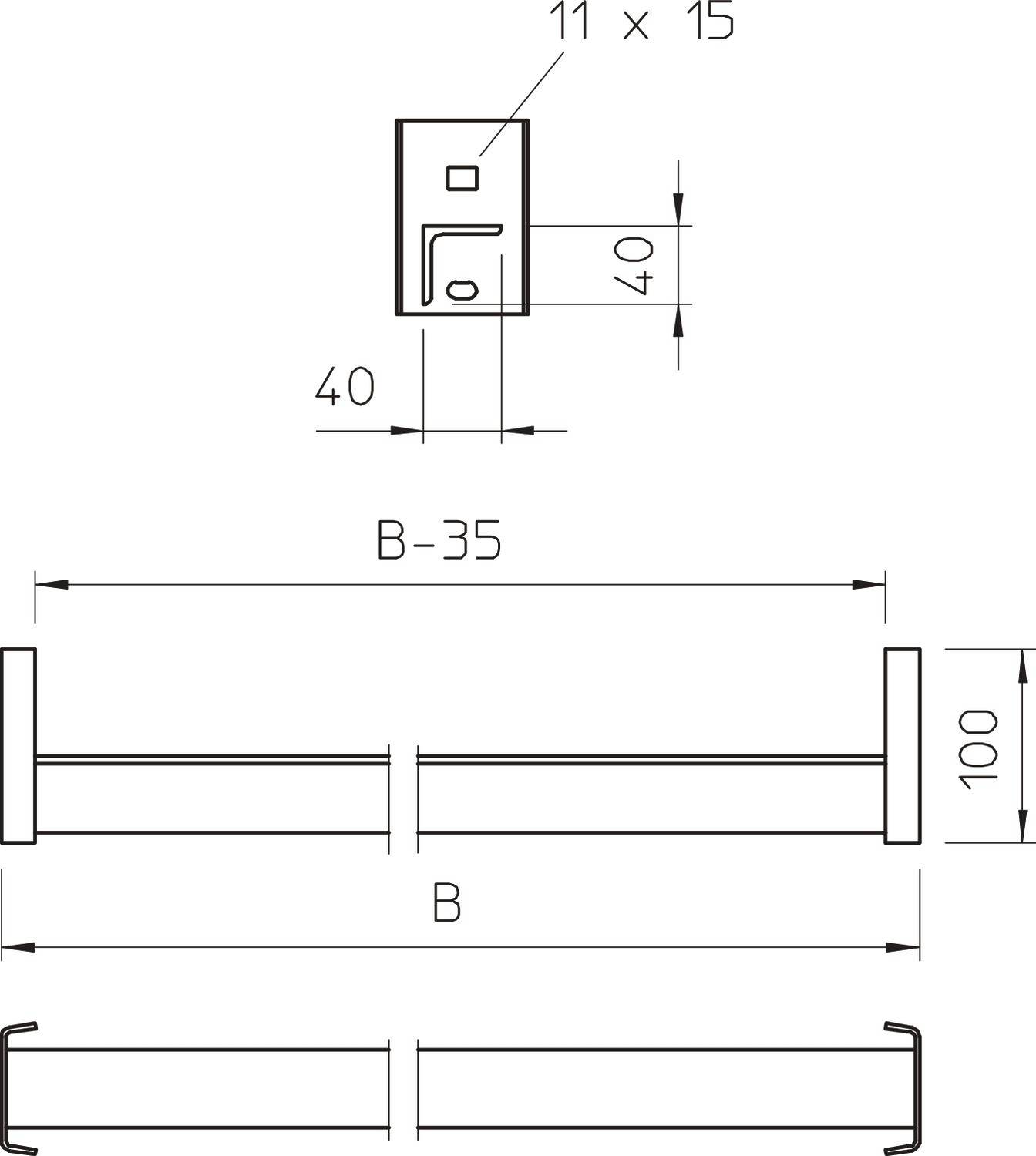Technische Zeichnung eines Griffs mit den Maßen: Höhe 100 mm, Breite 40 mm, Tiefe B-35 mm. Seitenansicht zeigt Befestigungsdetails.