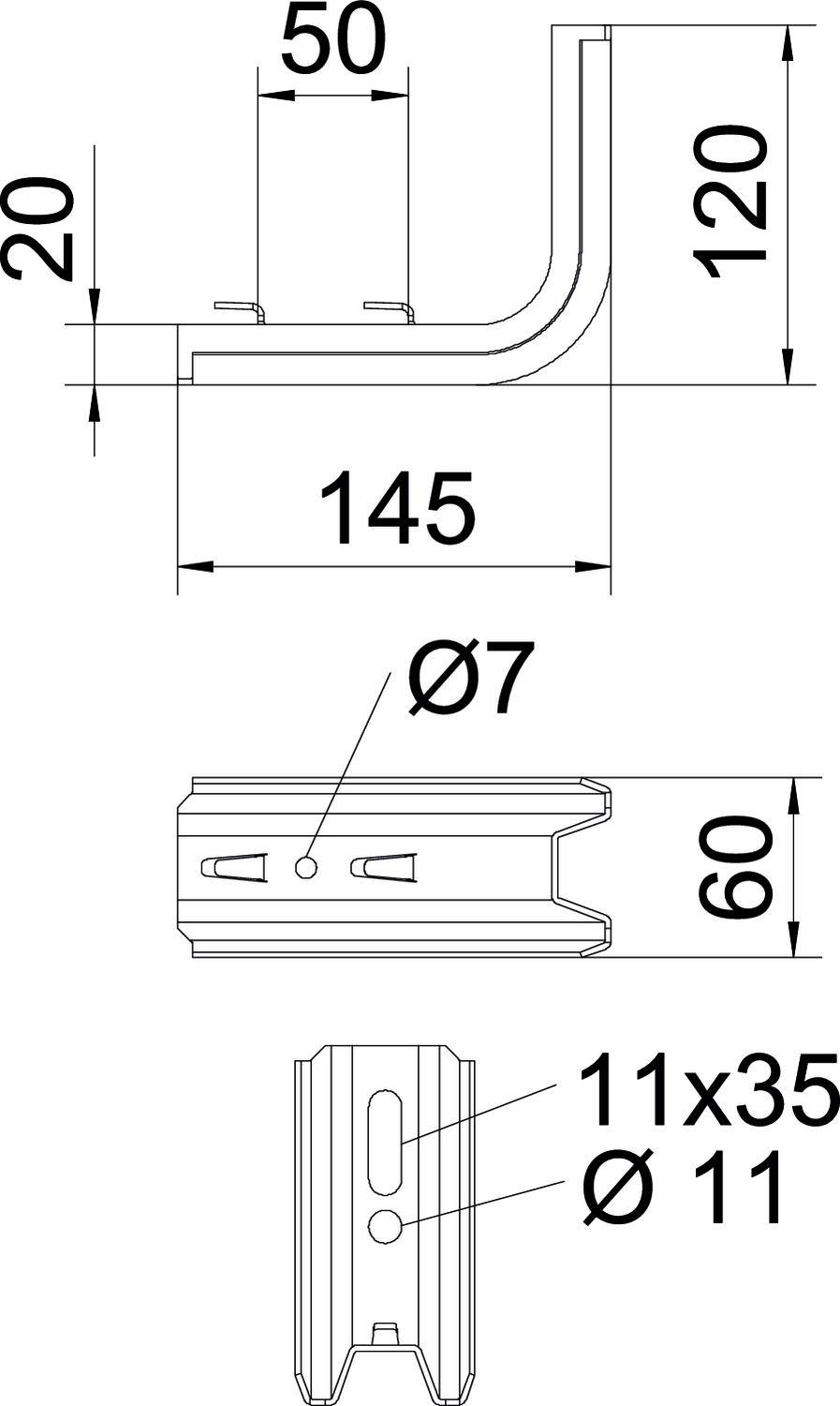 Technische Zeichnung eines Metallwinkels mit den Maßen: 145mm Länge, 120mm Höhe, 50mm Breite. Zusätzlich Ø7, Ø11, 11x35 markiert.