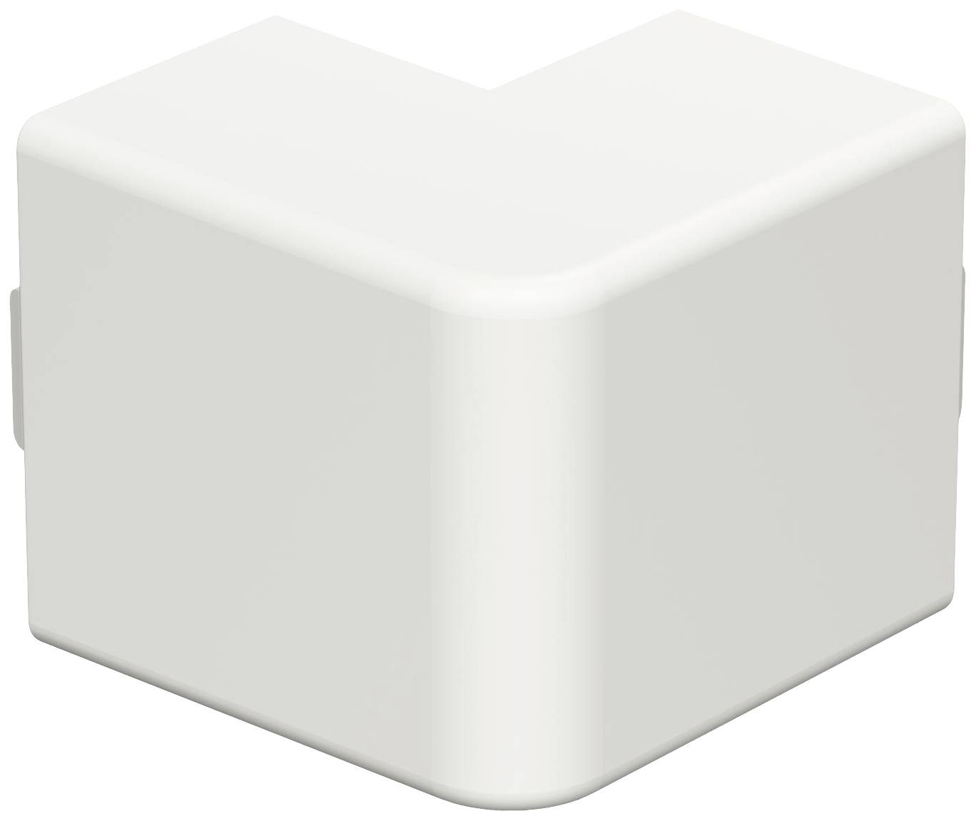 Ein weißer, rechtwinkliger, L-förmiger Kunststoffwinkel, möglicherweise ein Bestandteil eines Möbelstücks oder einer Installation.