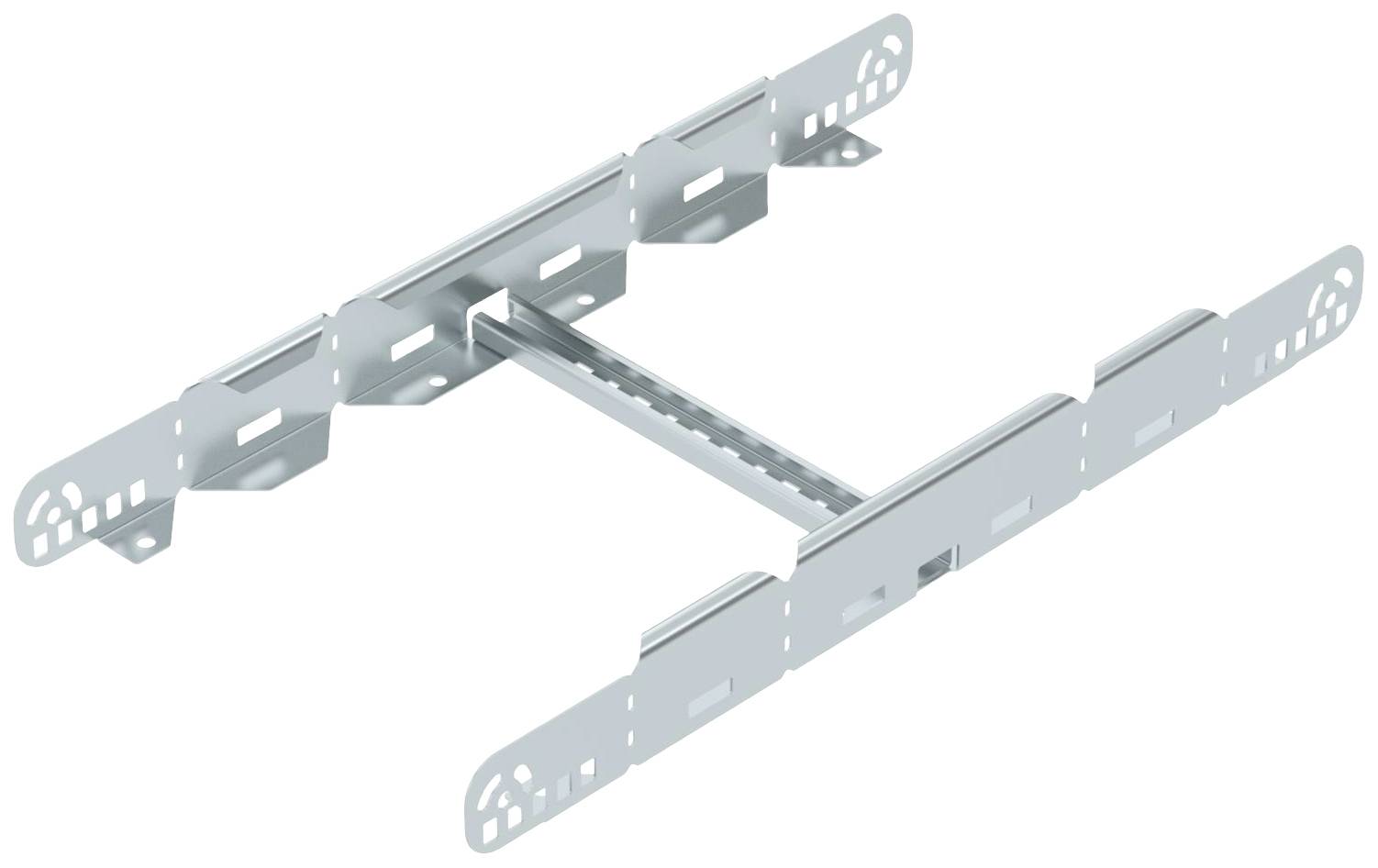 Metallhalterung zur Befestigung von Komponenten, zeigt mehrere geschlitzte und perforierte Flächen für spezifische Montagezwecke.