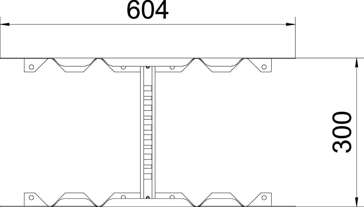 Technische Zeichnung: Querschnitt einer Konstruktion mit den Maßen '604' breite und '300' Höhe, gezeigt in Millimetern.