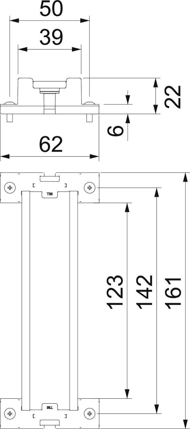 Technische Zeichnung eines Befestigungsprofils mit spezifischen Maßen: Breite 62 mm, Höhe 22 mm und detailierte Längenangaben.