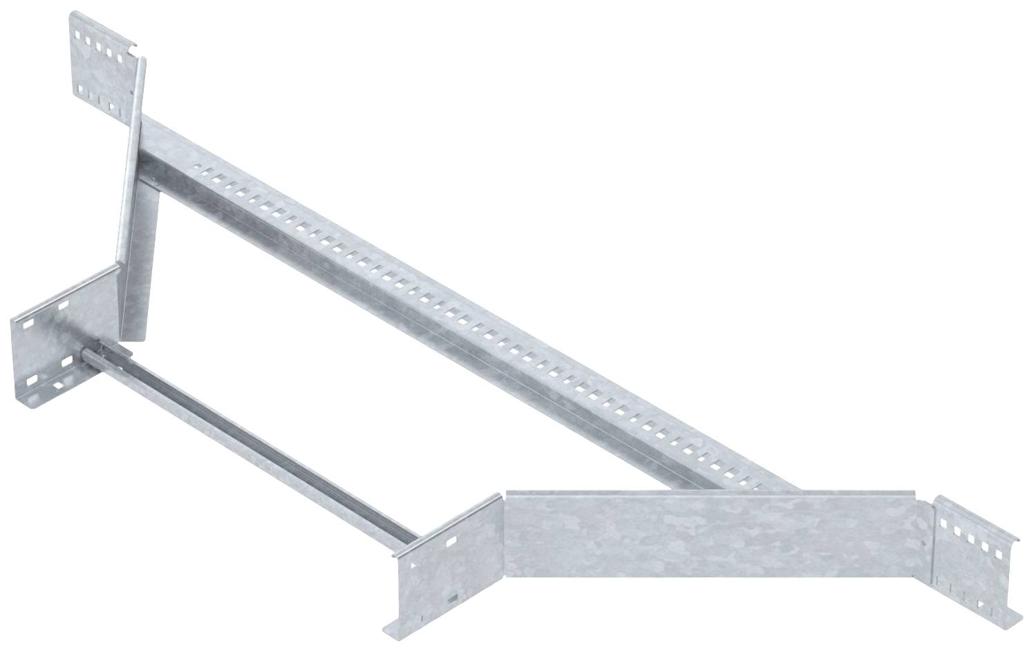 Metallschiene mit zwei länglichen Streben und Lochmuster an den Enden. Dient zur Befestigung oder Stabilisierung von Strukturen.