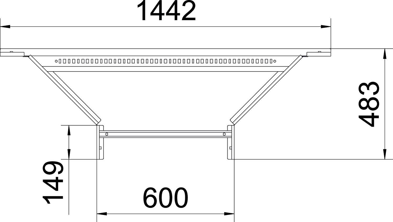 Technische Zeichnung eines rechteckigen Bauteils. Maße: Länge 1442 mm, Höhe 483 mm, Breite 600 mm. Unterbauhöhe 149 mm.
