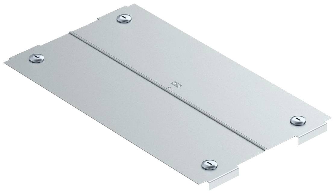 Metallische Abdeckplatte mit Schrauben an den Ecken auf neutralem Hintergrund.