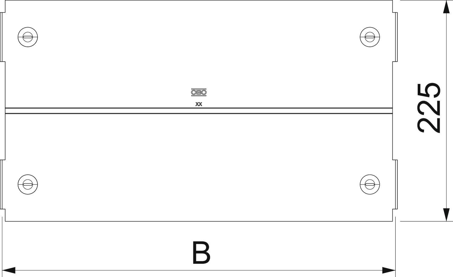 Strichzeichnung eines rechteckigen technischen Bauteils mit den Maßen 225 in der Höhe und 'B' in der Breite, Befestigungslöcher an den Ecken.