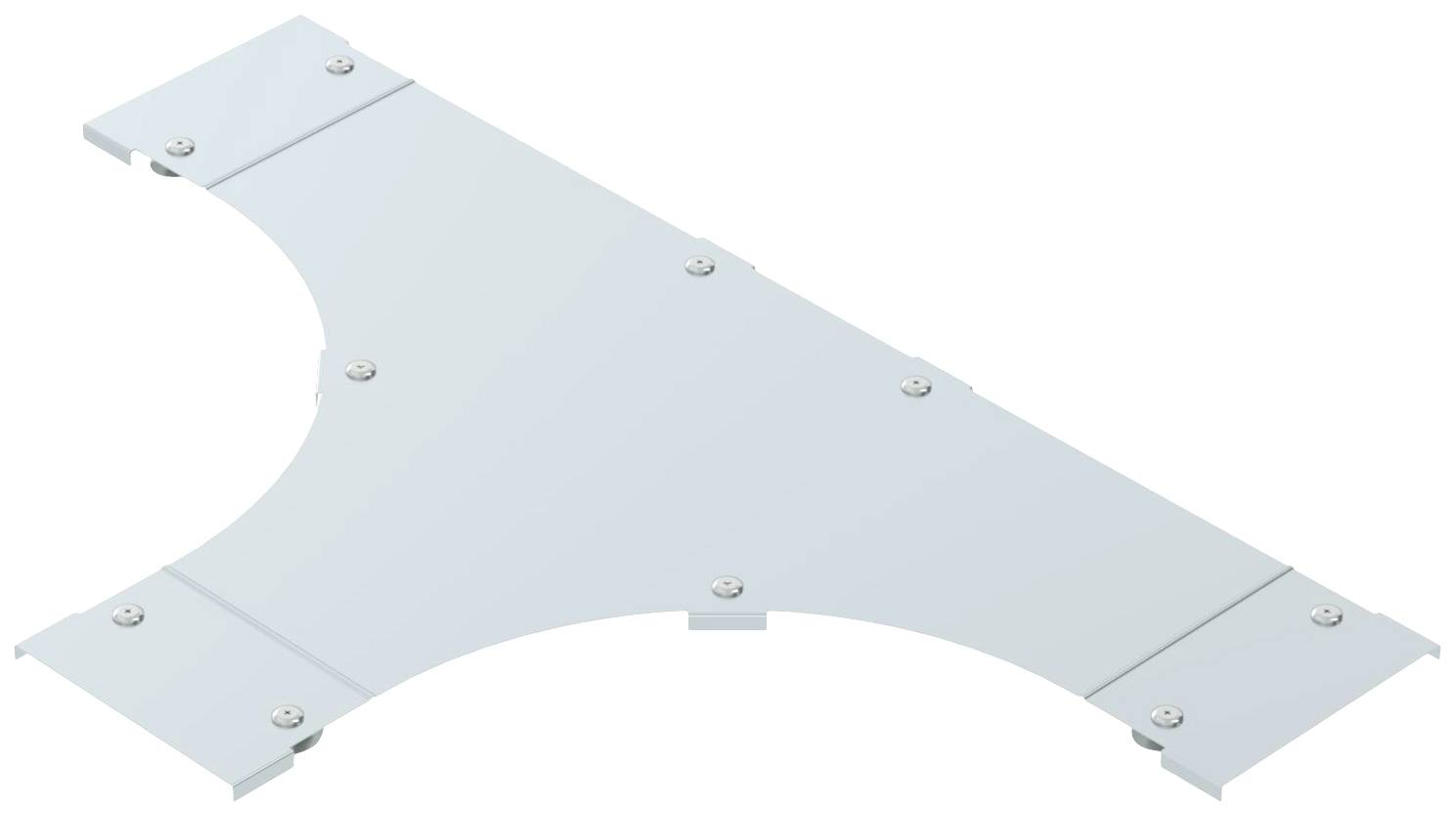 Ein Y-Abzweig aus Metall für Kabelmanagement, grau, mit Schraubverbindungen an den Enden und der Mitte.