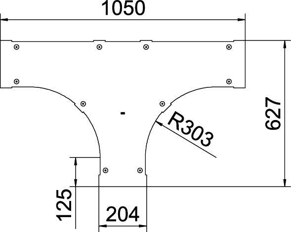 Technische Zeichnung eines T-förmigen Metallbeschlags mit Maßen: Breite 1050 mm, Höhe 627 mm, Krümmungsradius R303 mm, Breiten der inneren Teile 125 mm und 204 mm.